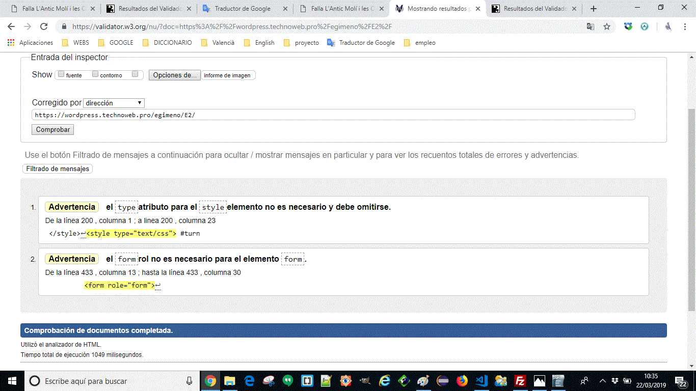 Captura de pantalla del ok de validación